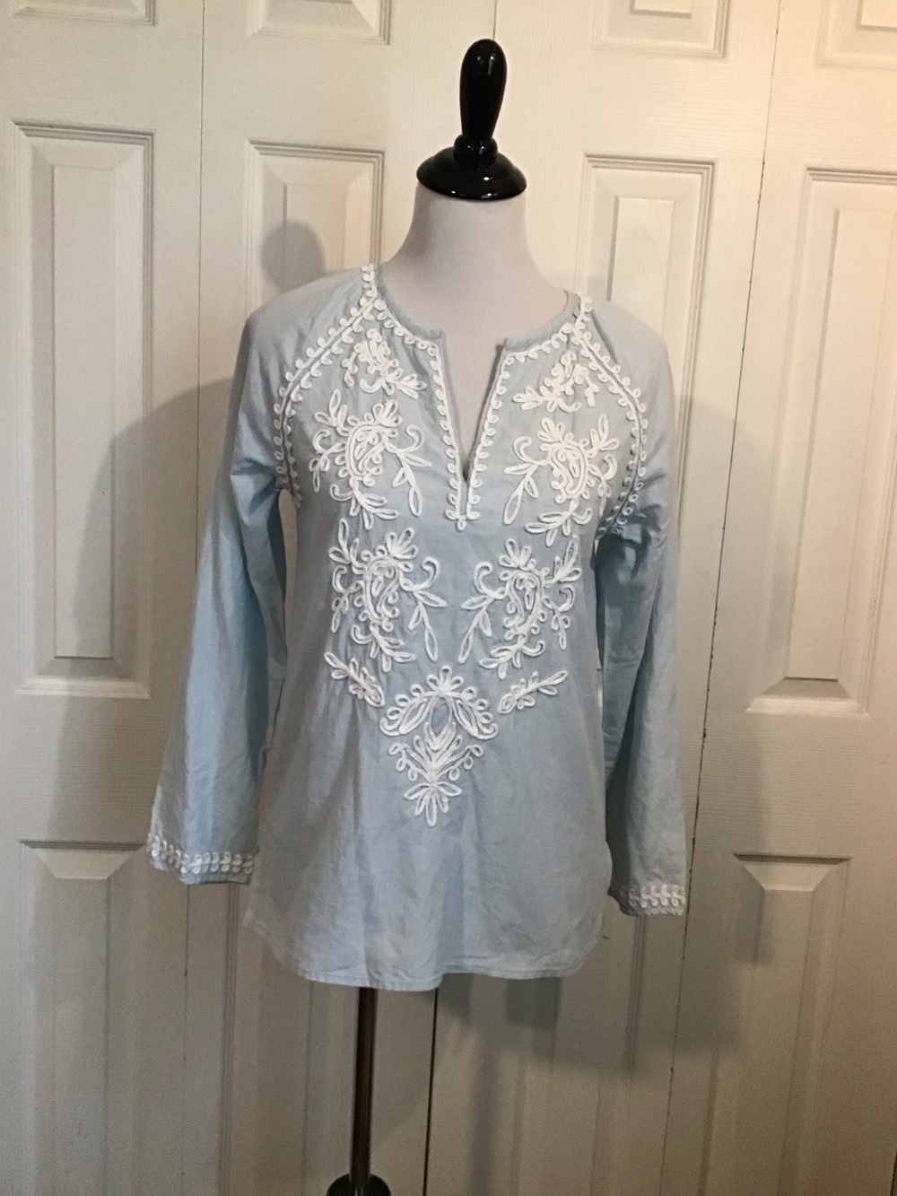 J.Crew Boho Chambray V-neck  Embroidered Powder Blue Blouse XS